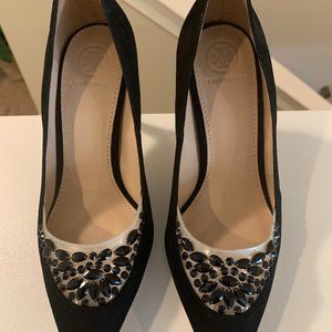 Tory Burch NEW Delphine Women's Size 6.5 M Black Suede Heel Pump Dress Shoes.